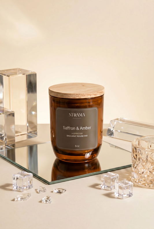 Saffron & Amber candle in amber glass jar with wood lid