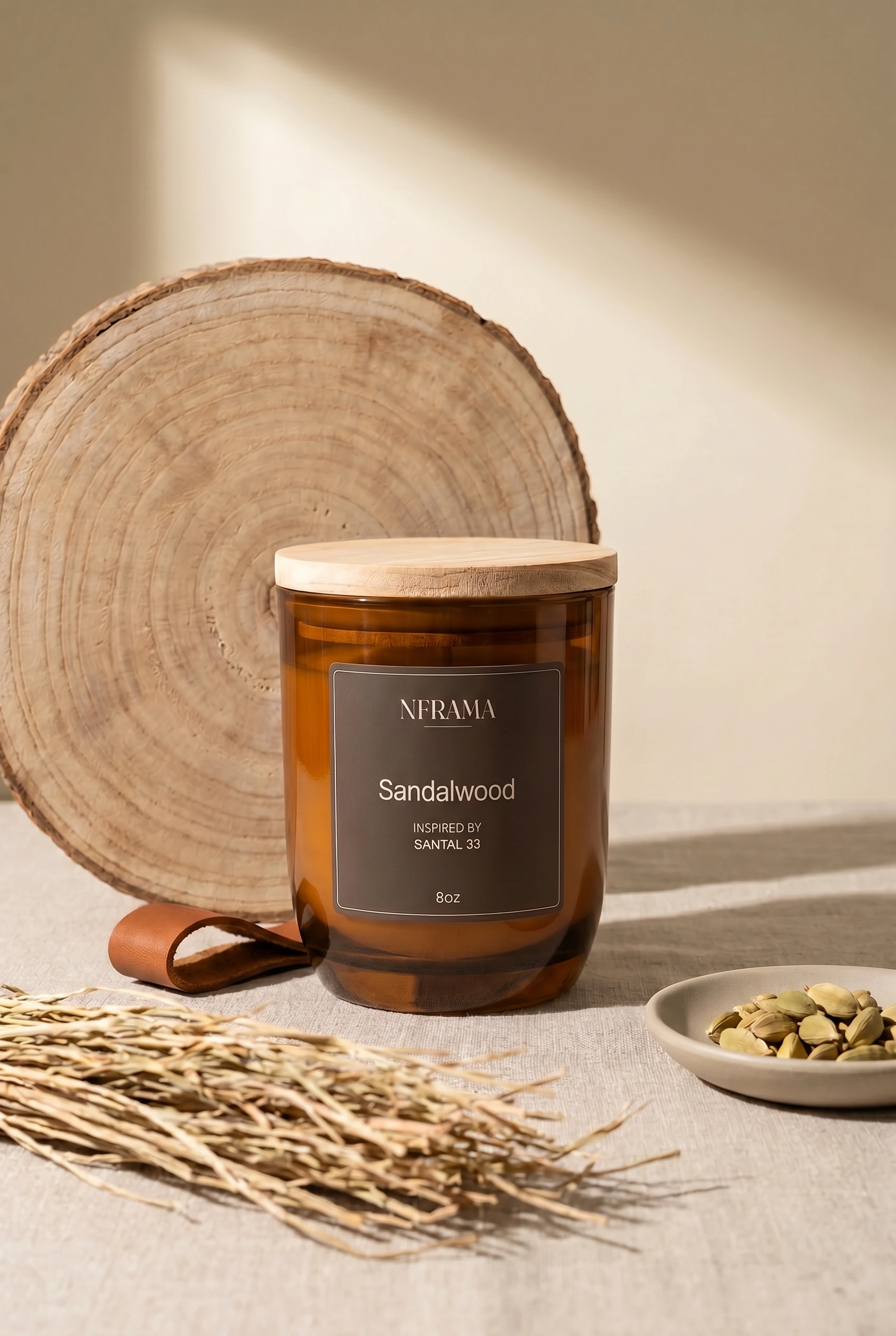Sandalwood candle with wood slice, dried grass and cardamom pods