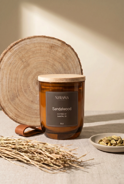 Sandalwood candle with wood slice, dried grass and cardamom pods