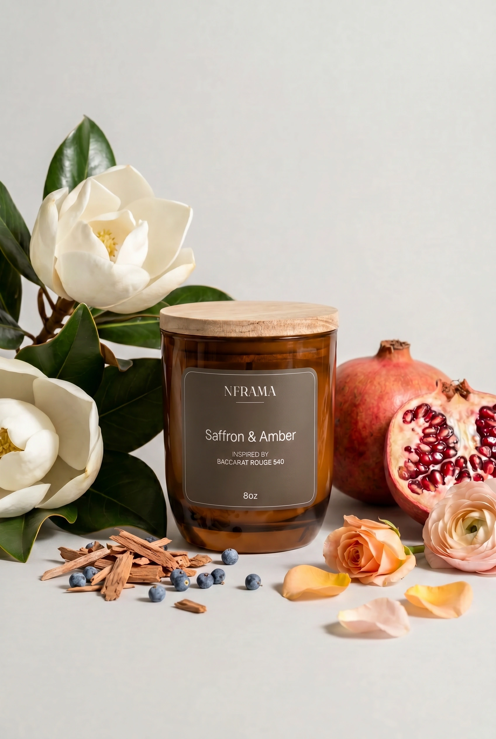 Saffron & Amber candle styled with magnolia, rose, pomegranate and sandalwood