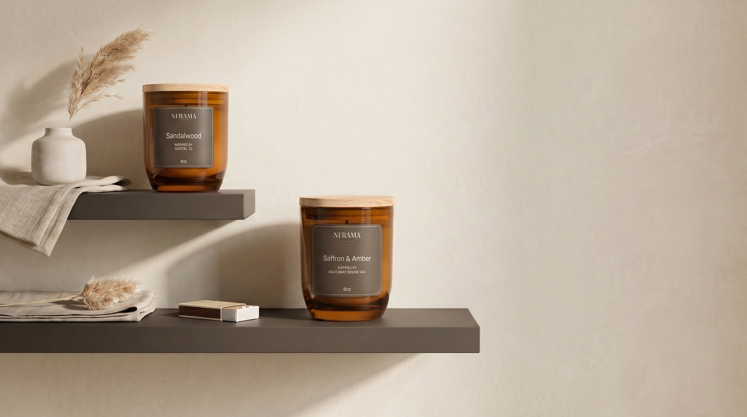 Nframa candles styled on floating shelves