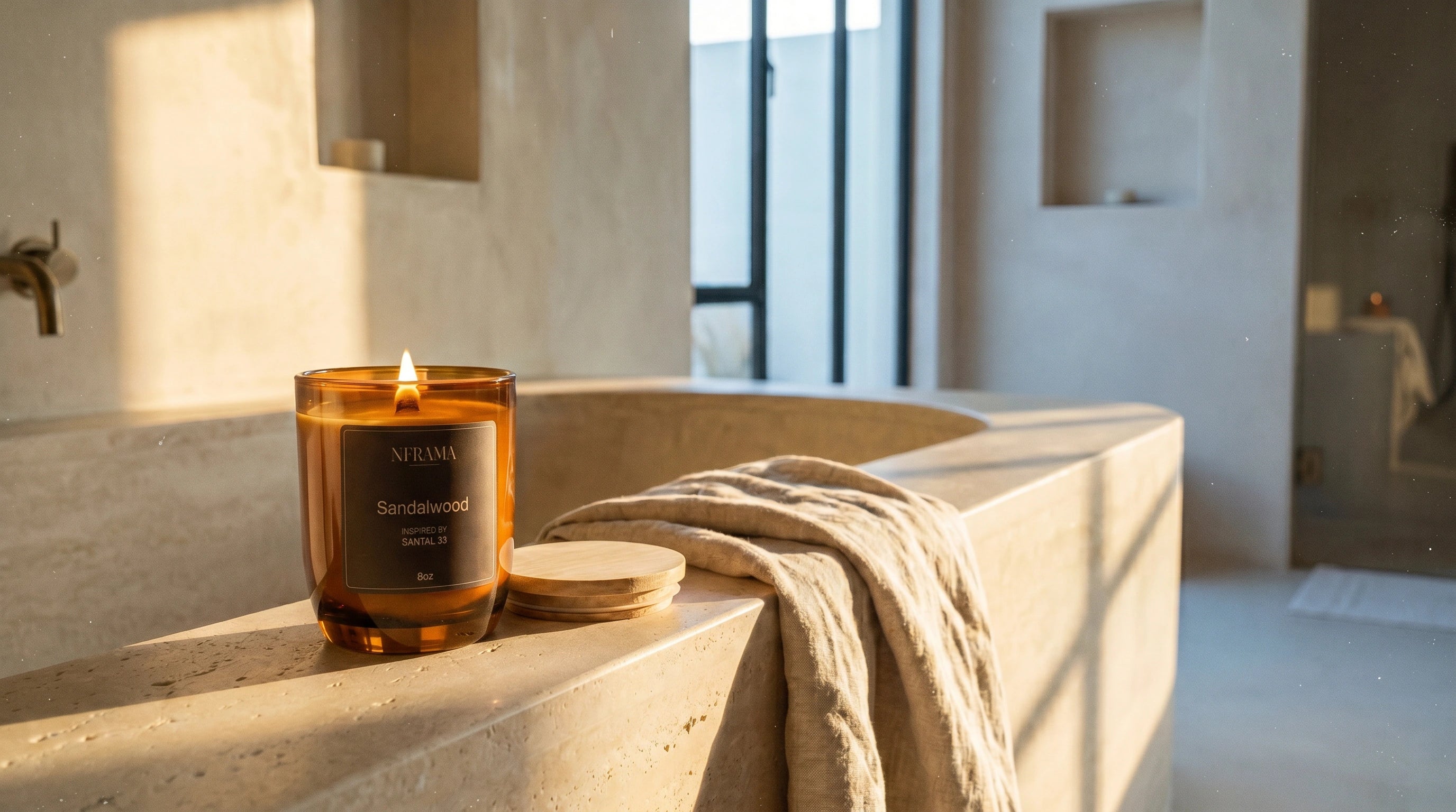 Nframa Sandalwood candle lit in a minimal stone bathroom at golden hour
